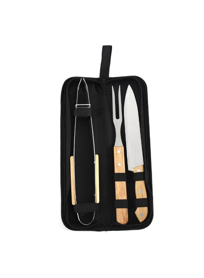 3-Piece Wooden Handle BBQ Tool Set – Stainless Steel Utensils with Classic Wood Grips & Black Carry Case, Grilling Accessories - Image 1